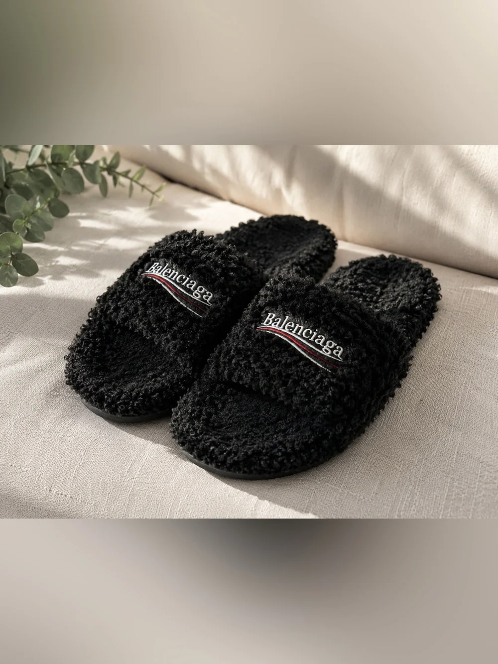 Balenciaga Shearling Logo Slide Sandals Black | Pre-Owned